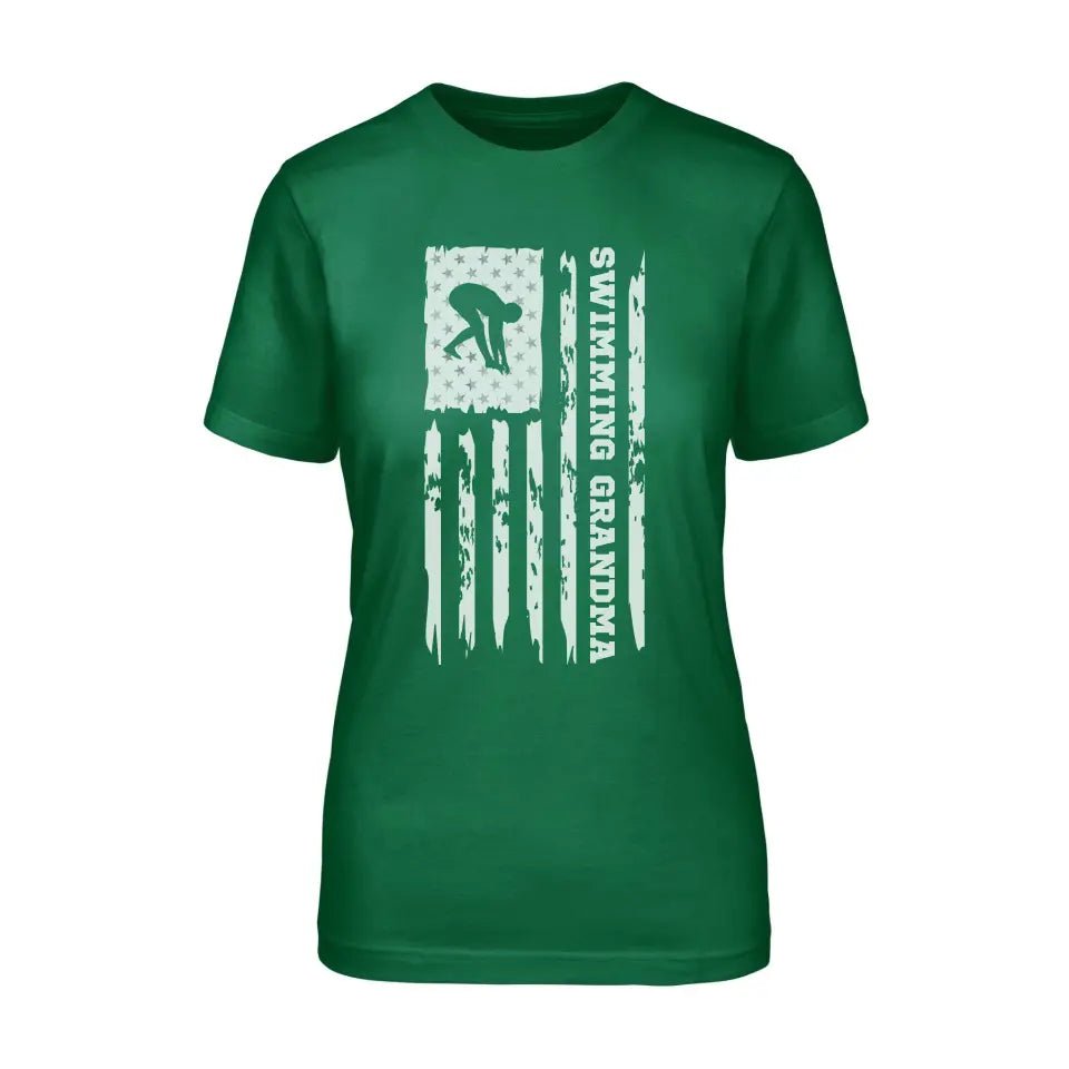 Swimming Grandma Vertical Flag on a Unisex T-Shirt with a White Graphic