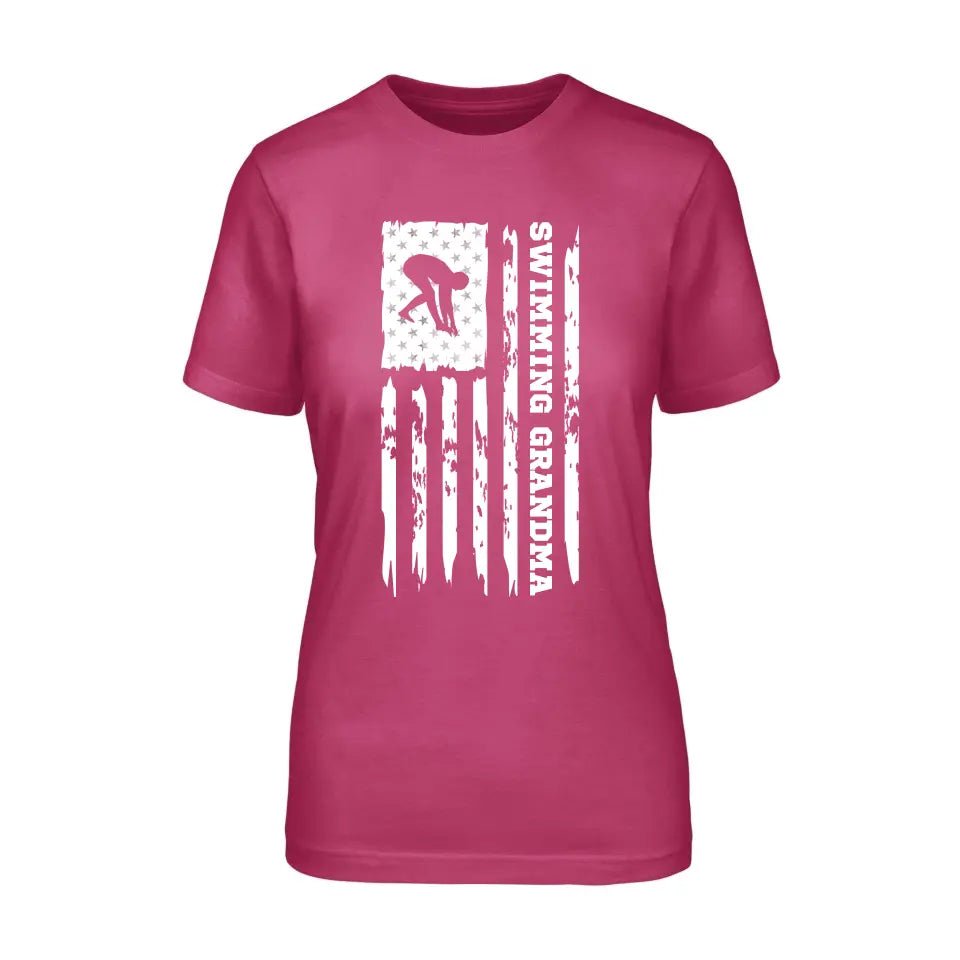Swimming Grandma Vertical Flag on a Unisex T-Shirt with a White Graphic