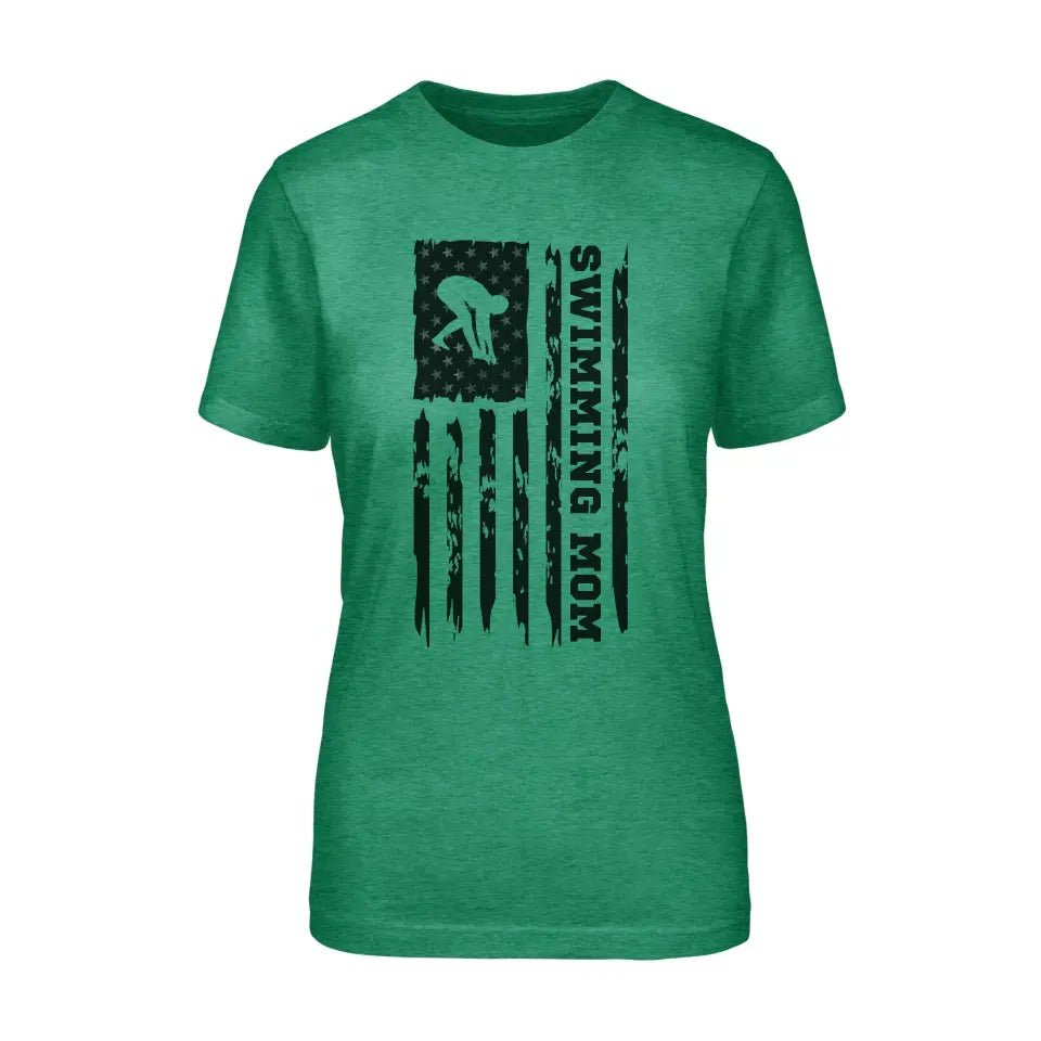 Swimming Mom Vertical Flag on a Unisex T-Shirt with a Black Graphic