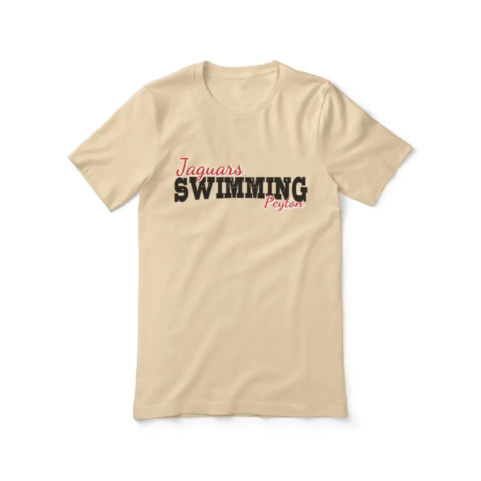 Custom Swimming Mascot and Swimmer Name on a Unisex T-Shirt with a Black Graphic