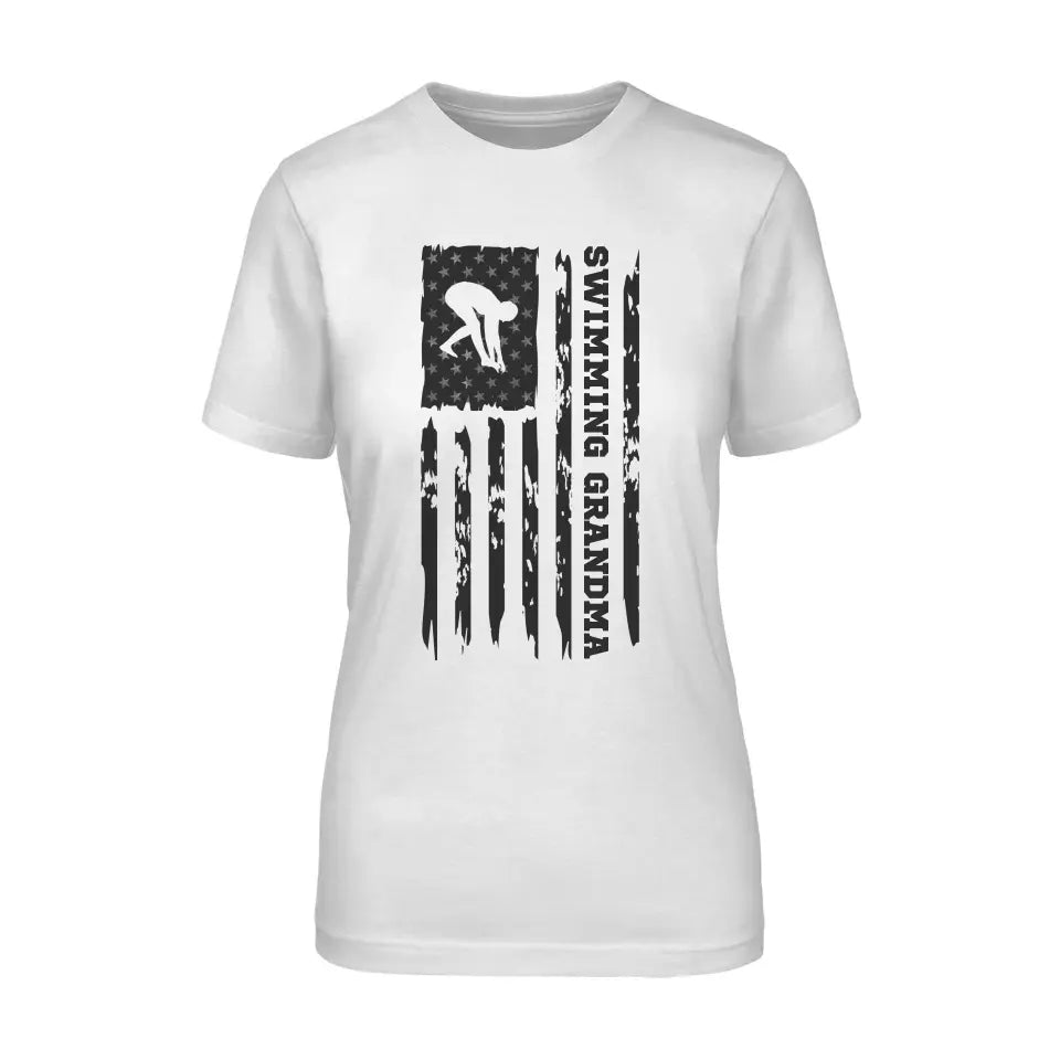 Swimming Grandma Vertical Flag on a Unisex T-Shirt with a Black Graphic