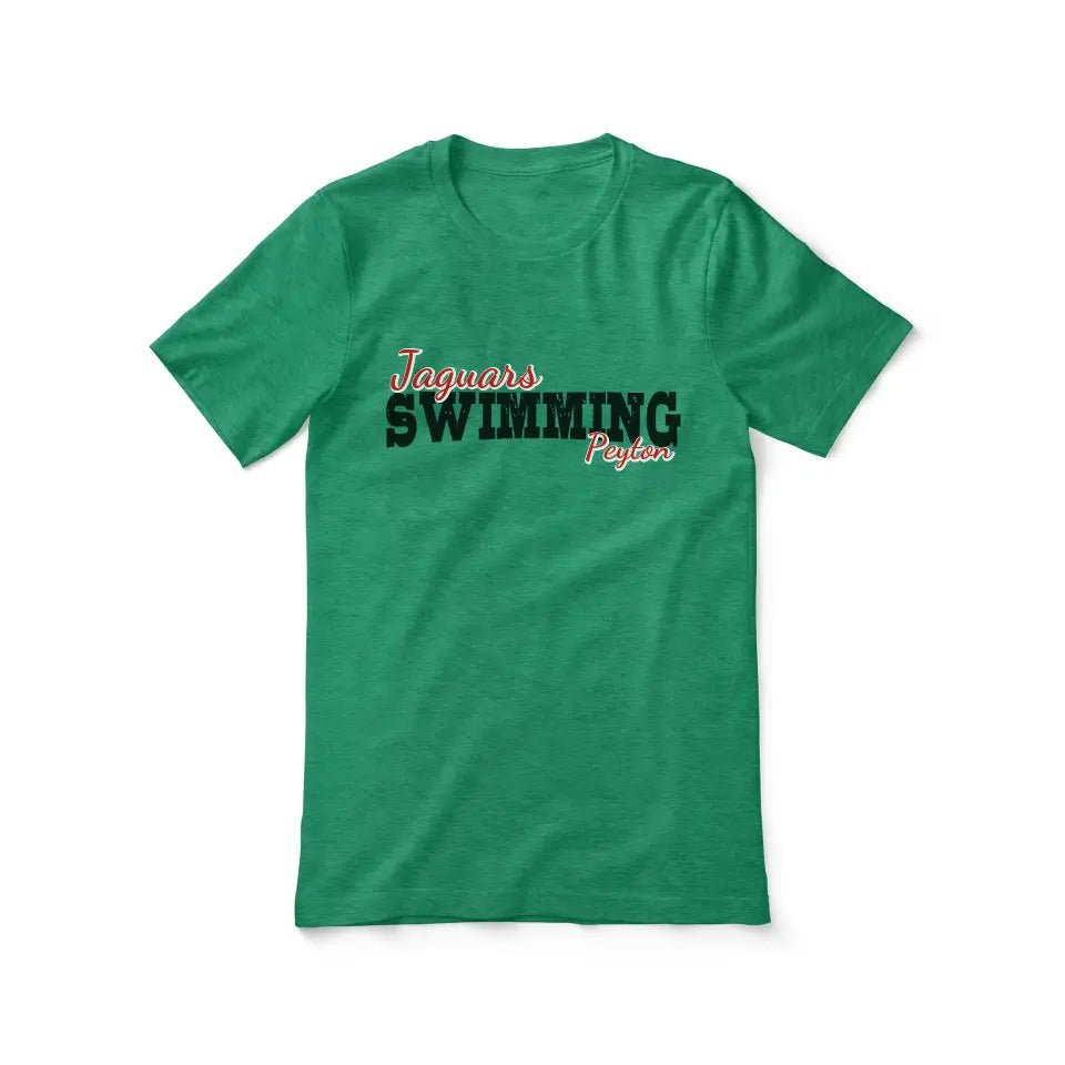 Custom Swimming Mascot and Swimmer Name on a Unisex T-Shirt with a Black Graphic