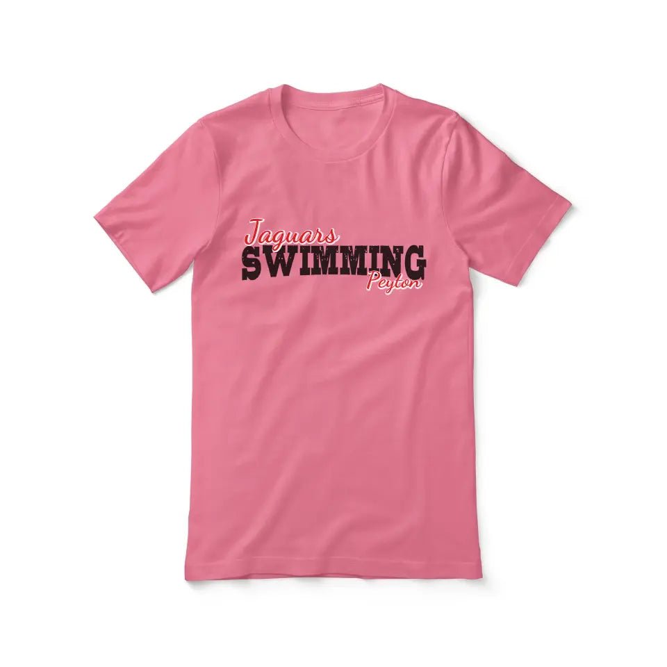Custom Swimming Mascot and Swimmer Name on a Unisex T-Shirt with a Black Graphic