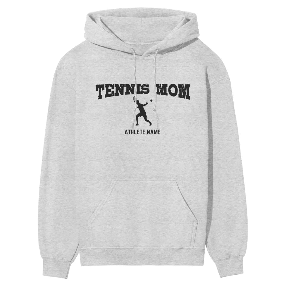 Tennis Mom with Tennis Player Icon and Tennis Player Name on a Hoodie with a Black Graphic
