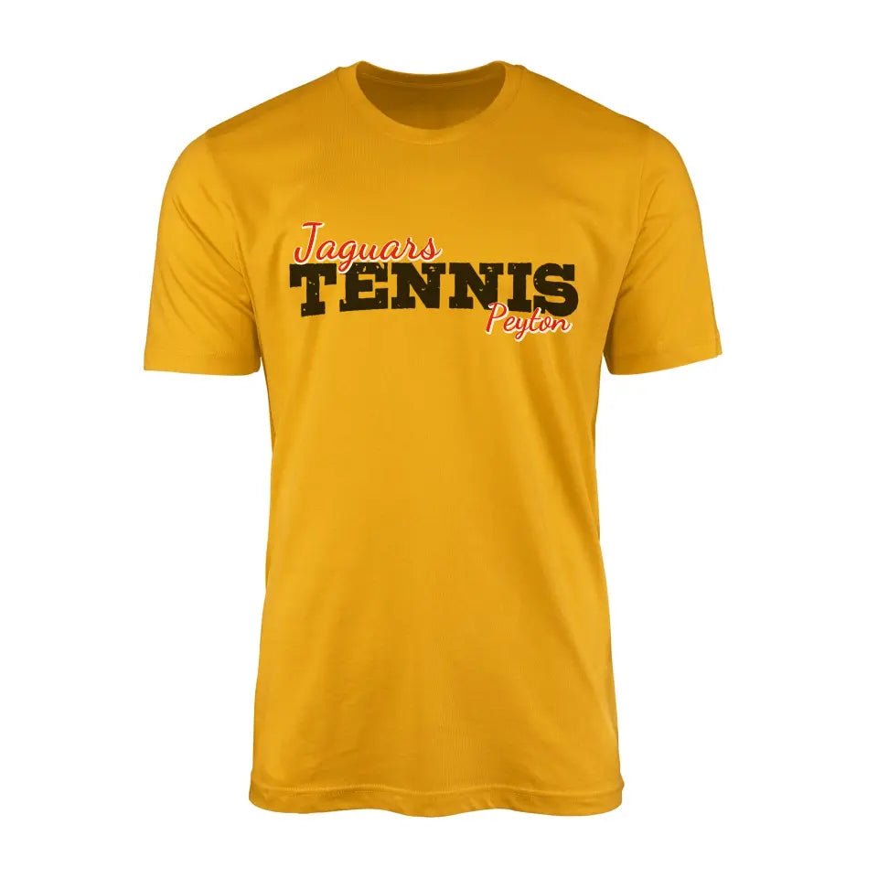 Custom Tennis Mascot and Tennis Player Name on a Men's T-Shirt with a Black Graphic