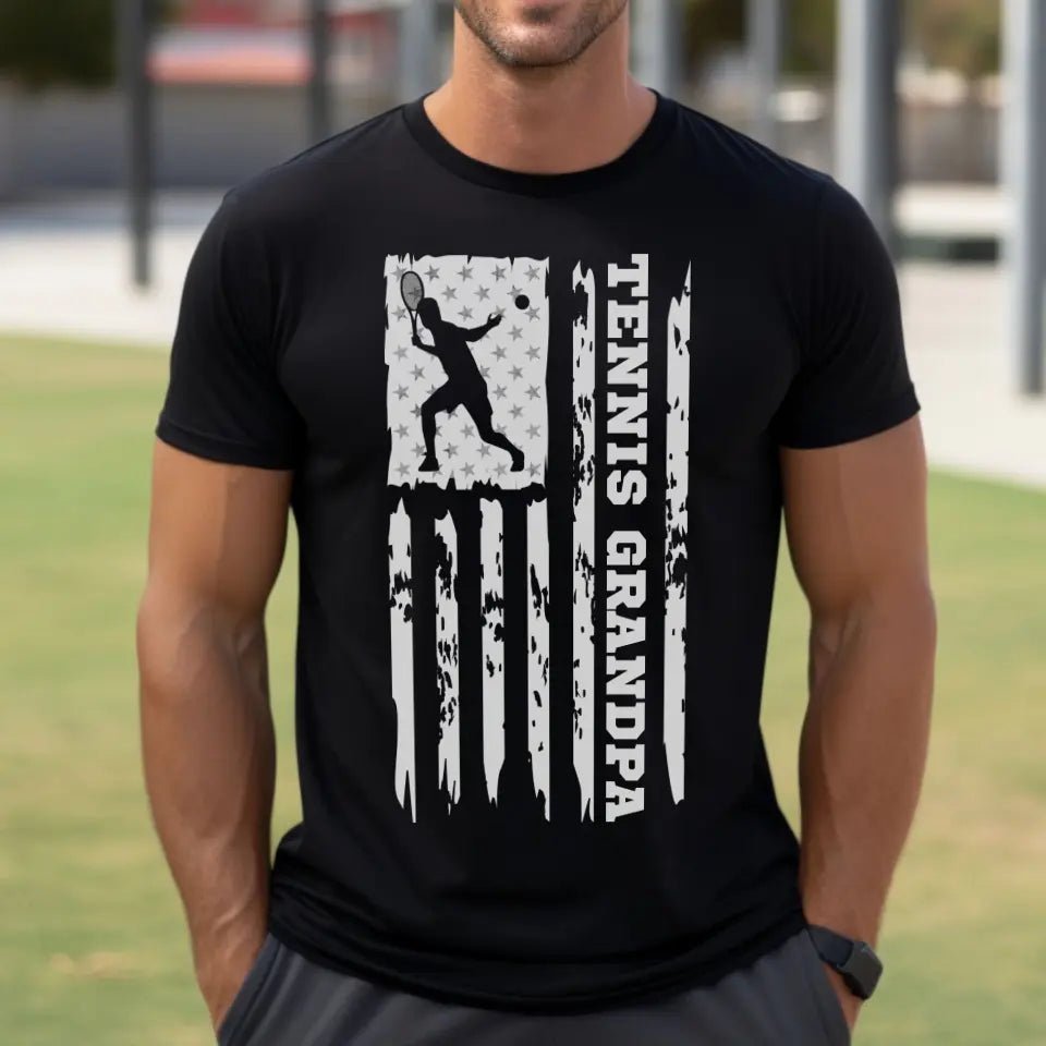 Tennis Grandpa Vertical Flag on a Men's T-Shirt with a White Graphic