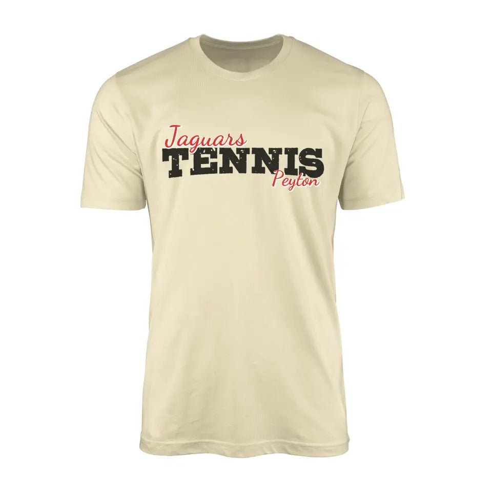 Custom Tennis Mascot and Tennis Player Name on a Men's T-Shirt with a Black Graphic