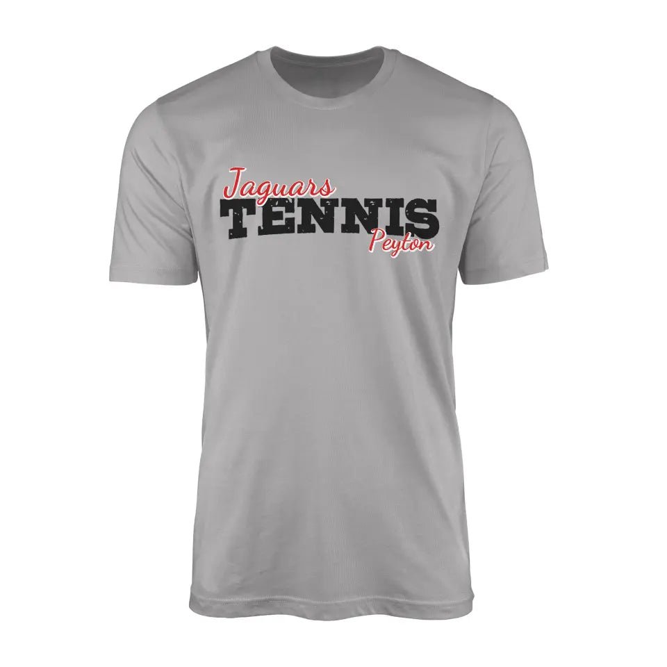 Custom Tennis Mascot and Tennis Player Name on a Men's T-Shirt with a Black Graphic