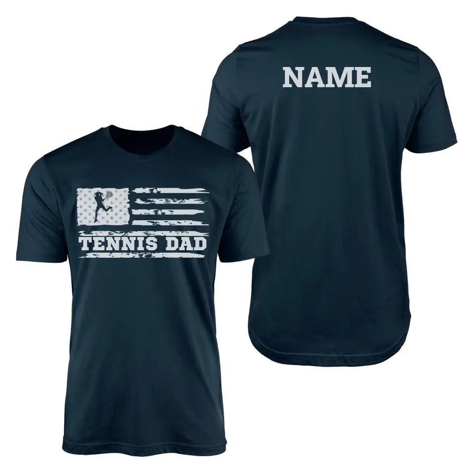 Tennis Dad Horizontal Flag With Tennis Player Name on a Men's T-Shirt with a White Graphic