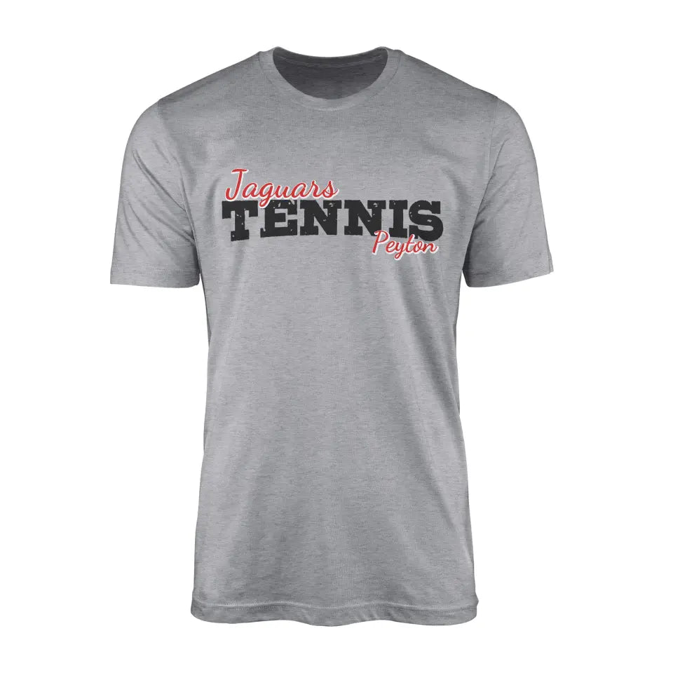 Custom Tennis Mascot and Tennis Player Name on a Men's T-Shirt with a Black Graphic