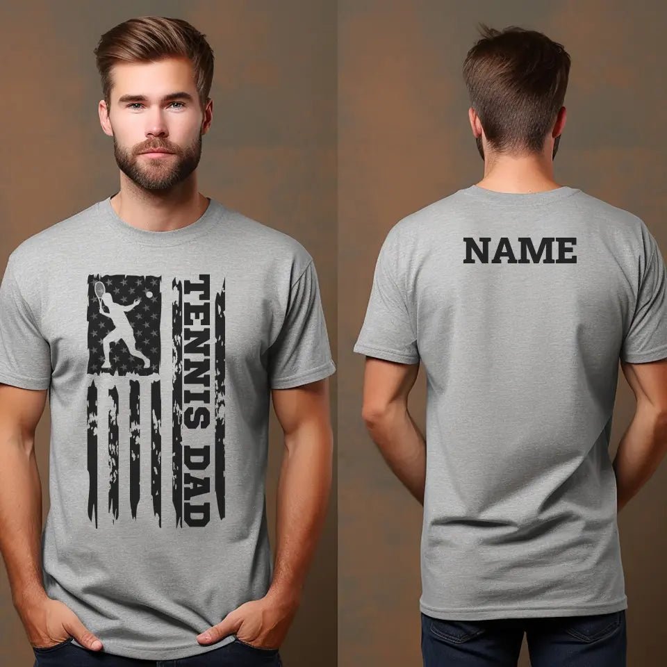 Tennis Dad Vertical Flag With Tennis Player Name on a Men's T-Shirt with a Black Graphic