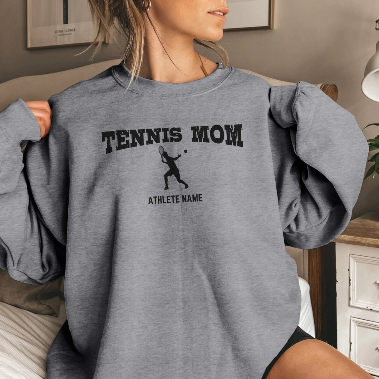 Tennis Mom with Tennis Player Icon and Tennis Player Name on a Sweatshirt with a Black Graphic