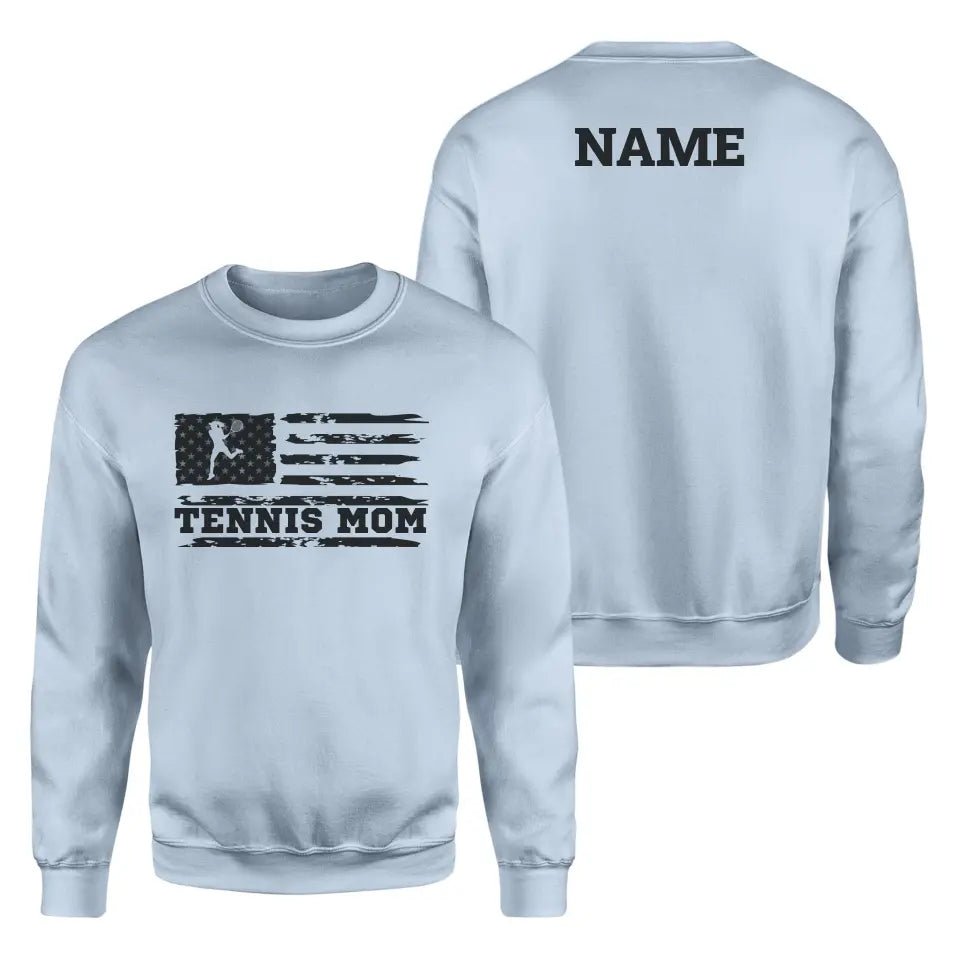 Tennis Mom Horizontal Flag With Tennis Player Name on a Sweatshirt with a Black Graphic