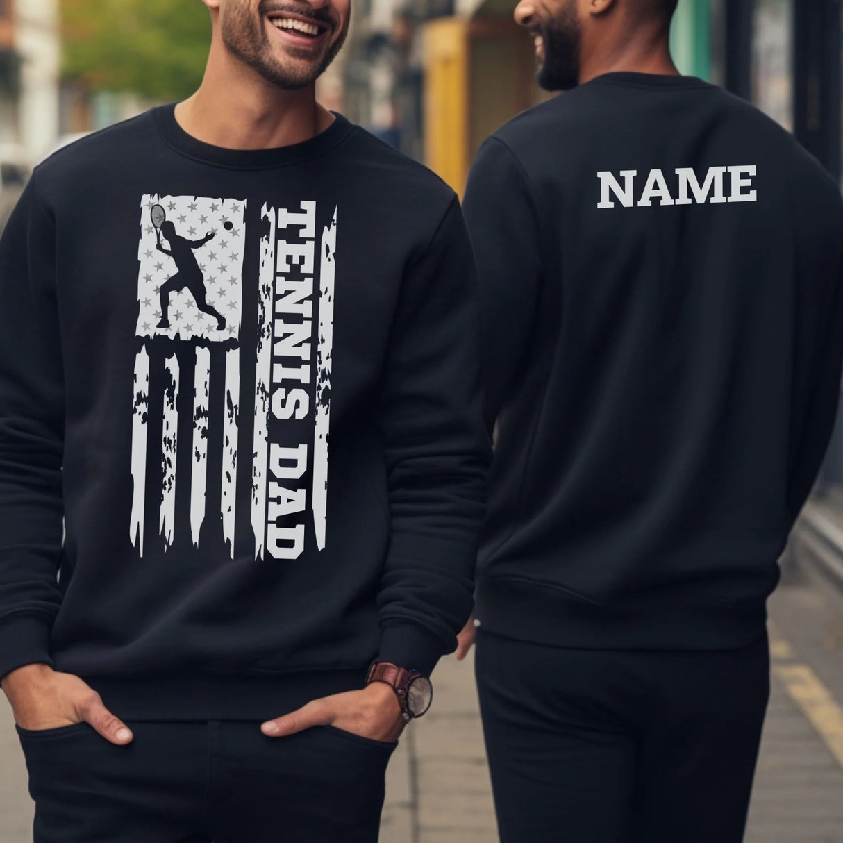 Tennis Dad Vertical Flag With Tennis Player Name on a Sweatshirt with a White Graphic