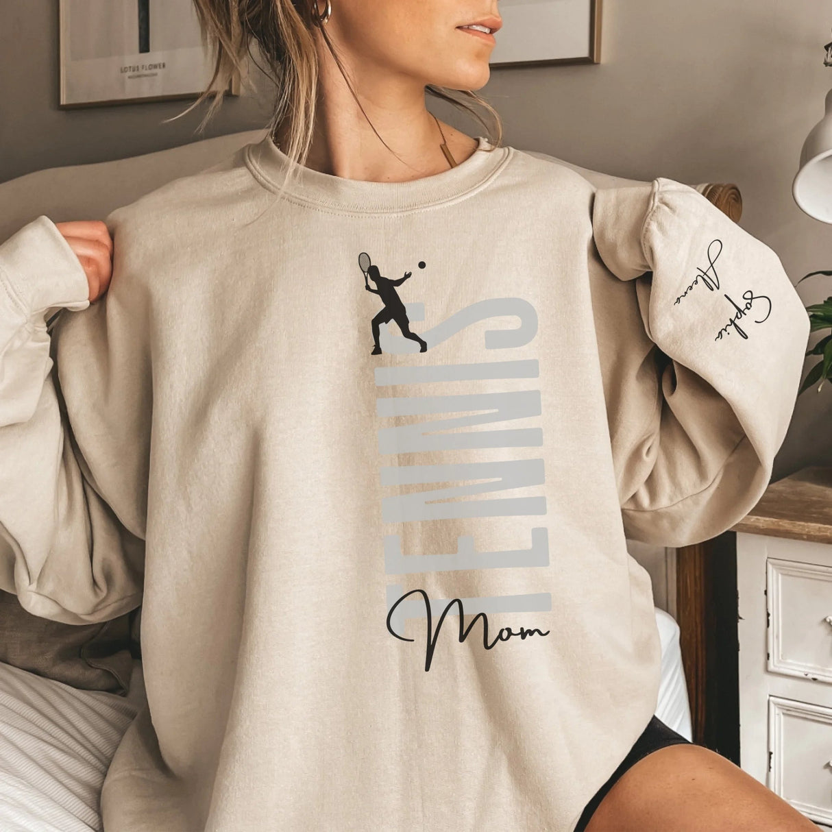 Personalized Tennis Mom on a Sweatshirt With Mascot, Icon, and Tennis Player Name on Sleeve on a Sweatshirt