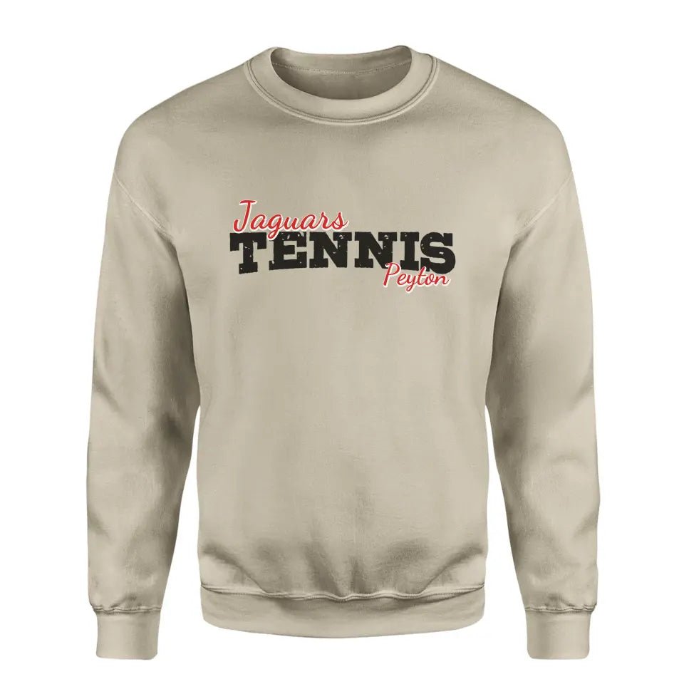 Custom Tennis Mascot and Tennis Player Name on a Sweatshirt with a Black Graphic