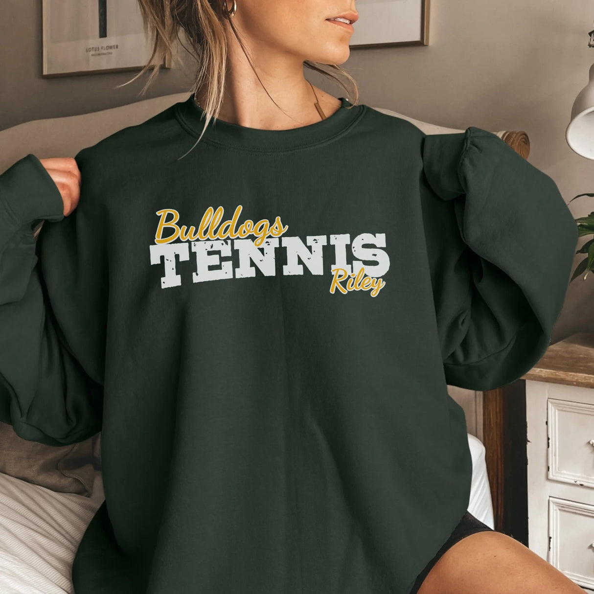 Custom Tennis Mascot and Tennis Player Name on a Sweatshirt with a White Graphic