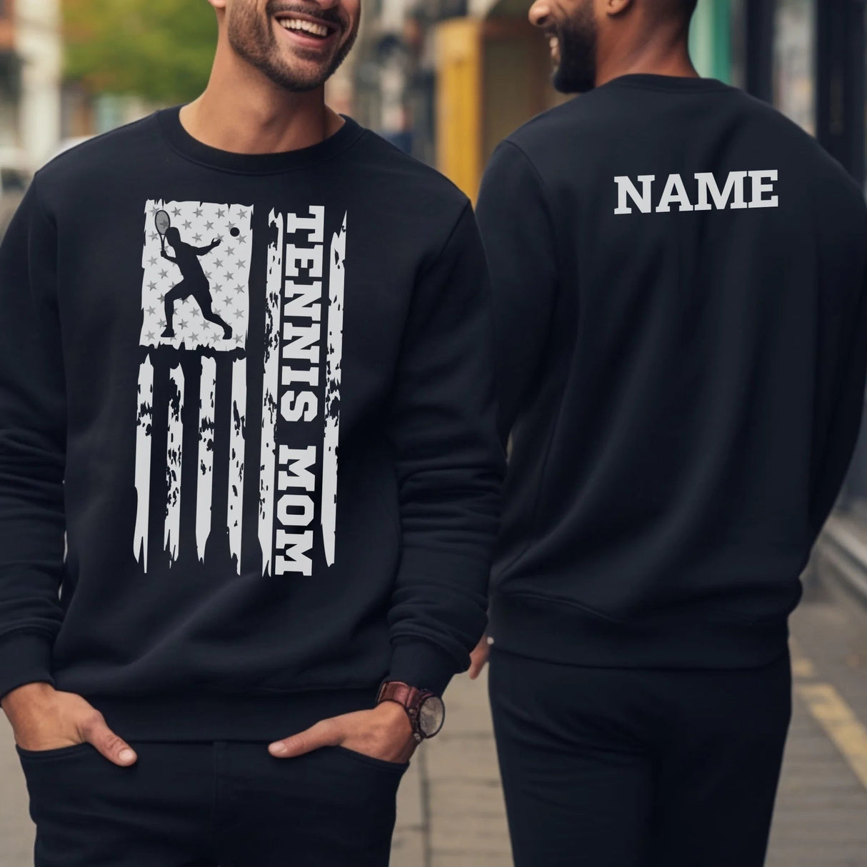 Tennis Mom Vertical Flag With Tennis Player Name on a Sweatshirt with a White Graphic