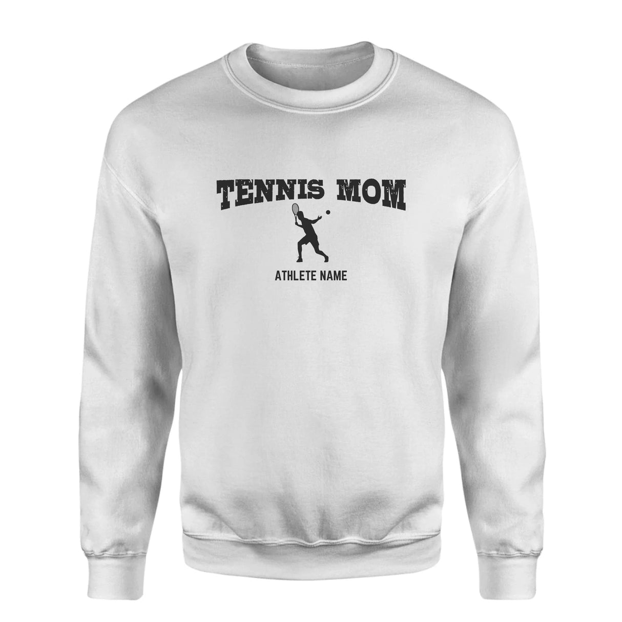 Tennis Mom with Tennis Player Icon and Tennis Player Name on a Sweatshirt with a Black Graphic