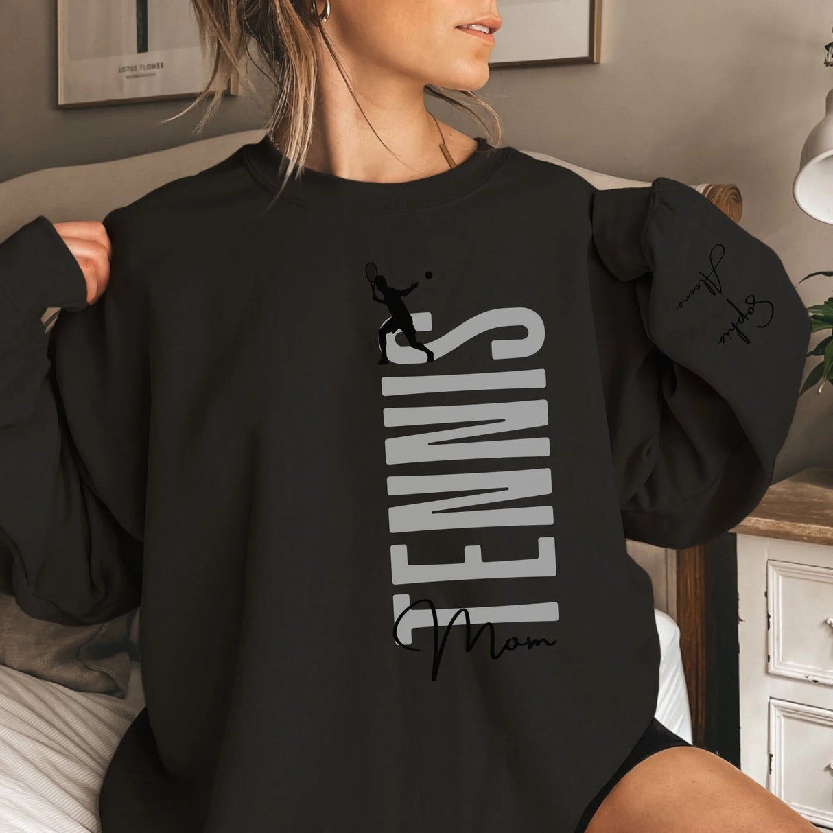 Personalized Tennis Mom on a Sweatshirt With Mascot, Icon, and Tennis Player Name on Sleeve on a Sweatshirt