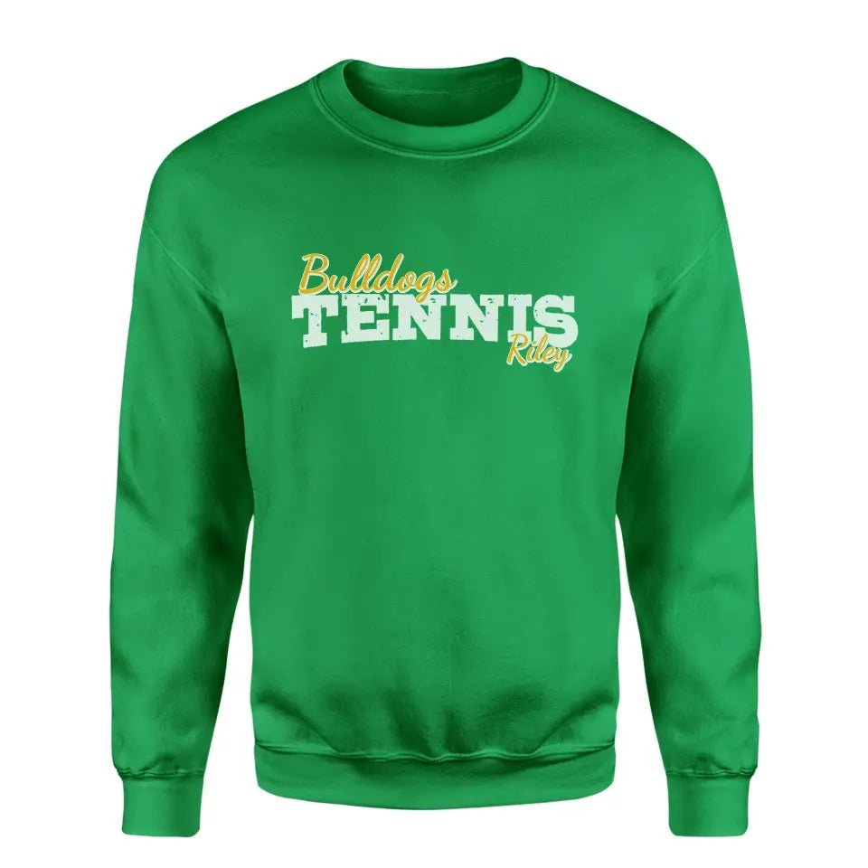 Custom Tennis Mascot and Tennis Player Name on a Sweatshirt with a White Graphic