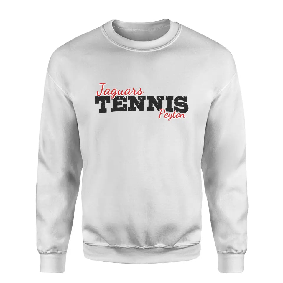 Custom Tennis Mascot and Tennis Player Name on a Sweatshirt with a Black Graphic