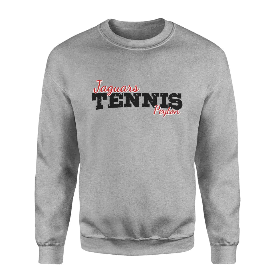 Custom Tennis Mascot and Tennis Player Name on a Sweatshirt with a Black Graphic