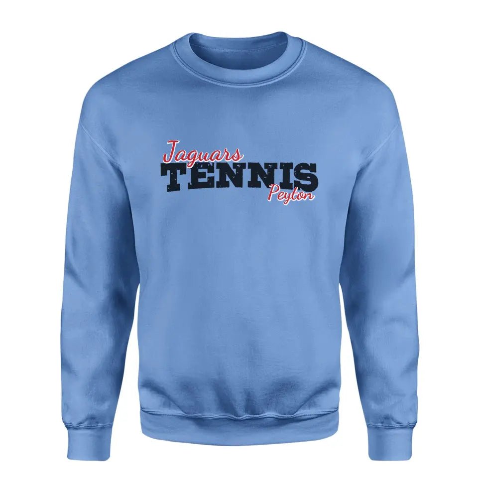 Custom Tennis Mascot and Tennis Player Name on a Sweatshirt with a Black Graphic