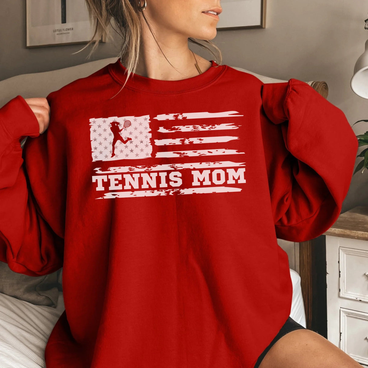 Tennis Mom Horizontal Flag on a Sweatshirt with a White Graphic