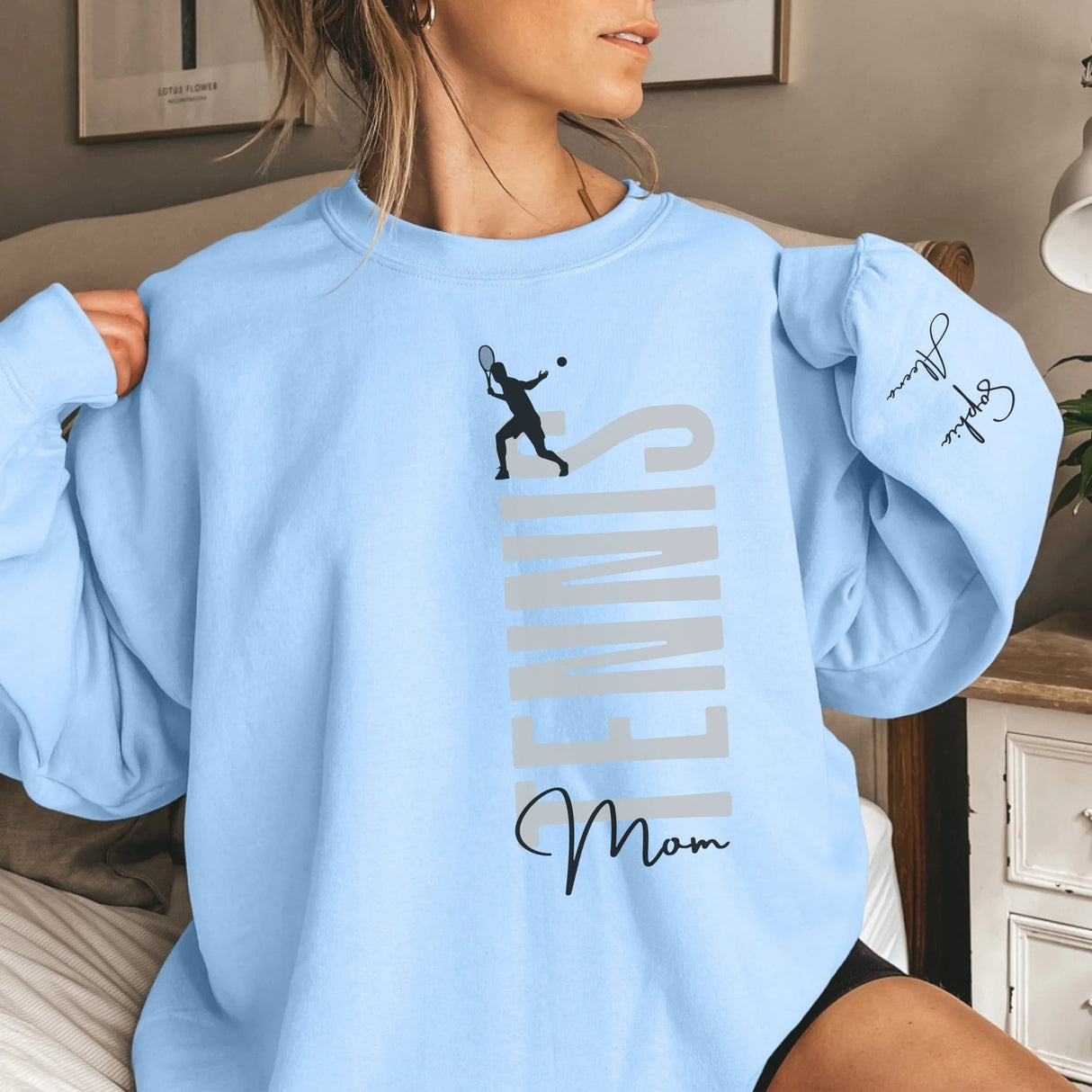 Personalized Tennis Mom on a Sweatshirt With Mascot, Icon, and Tennis Player Name on Sleeve on a Sweatshirt