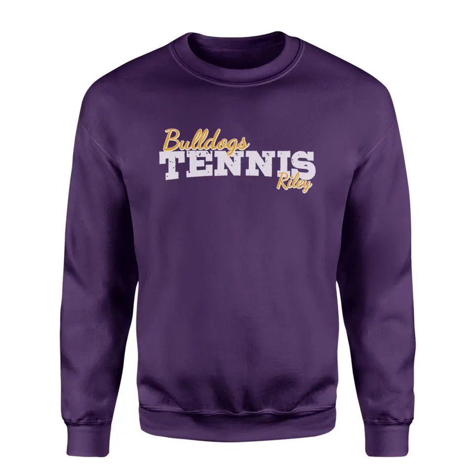 Custom Tennis Mascot and Tennis Player Name on a Sweatshirt with a White Graphic