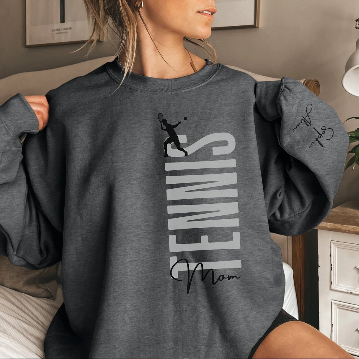 Personalized Tennis Mom on a Sweatshirt With Mascot, Icon, and Tennis Player Name on Sleeve on a Sweatshirt