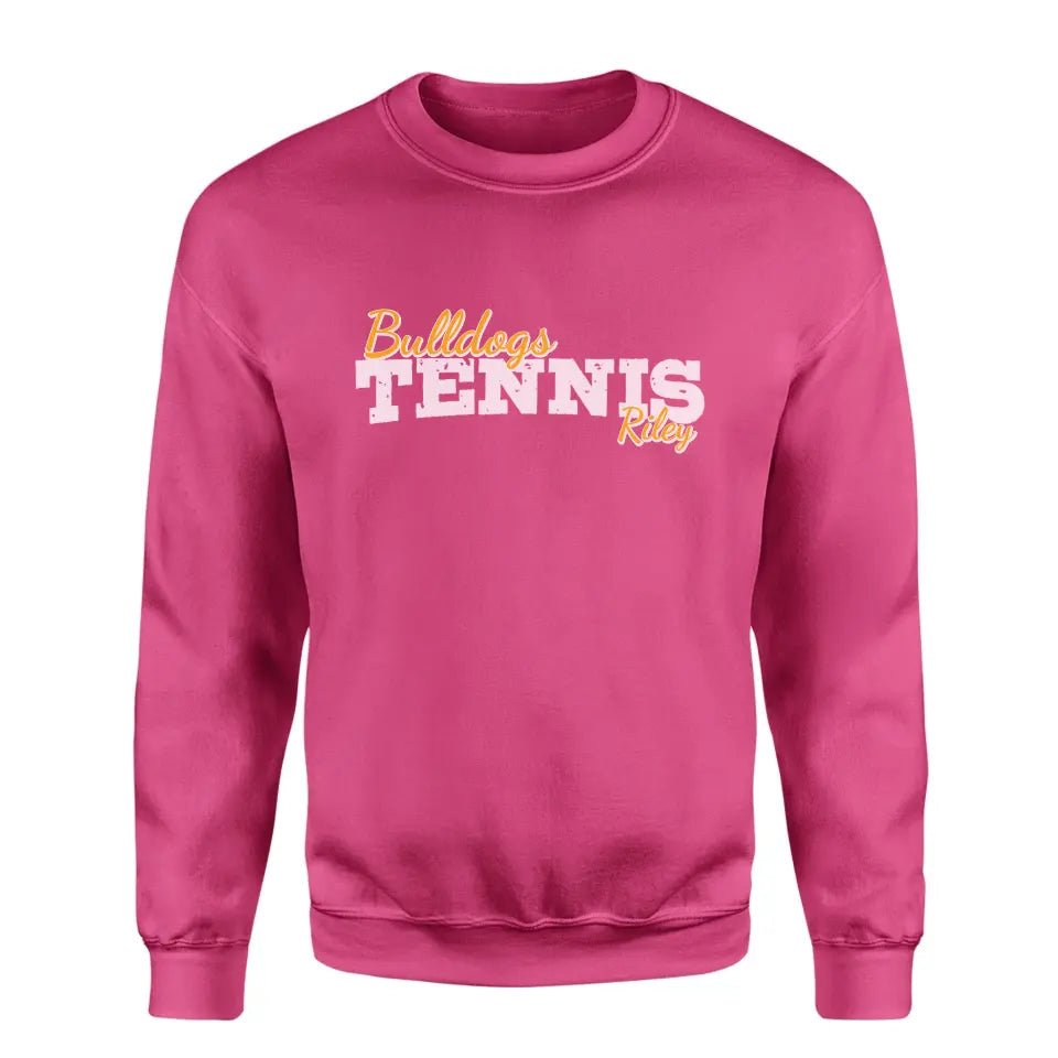 Custom Tennis Mascot and Tennis Player Name on a Sweatshirt with a White Graphic