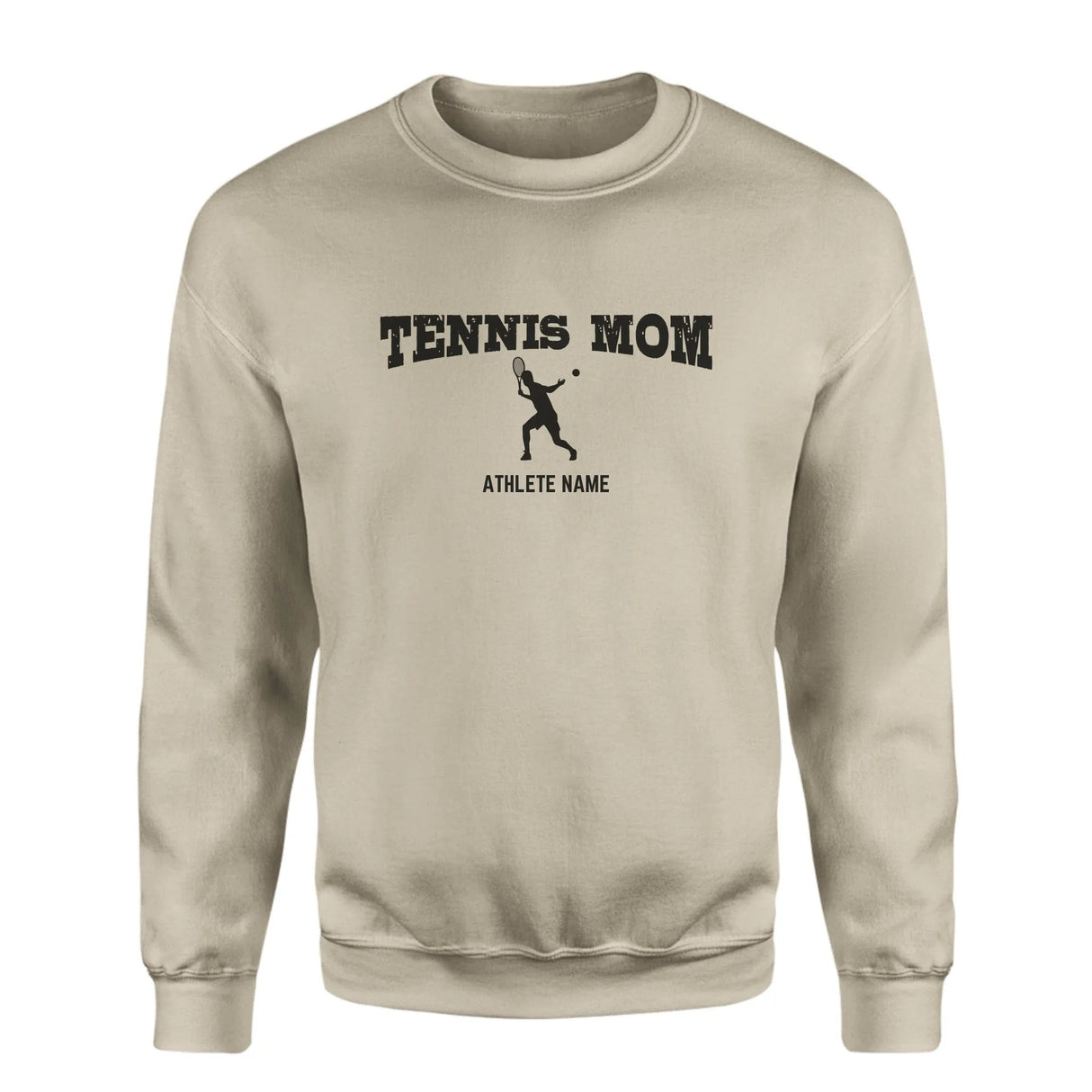 Tennis Mom with Tennis Player Icon and Tennis Player Name on a Sweatshirt with a Black Graphic