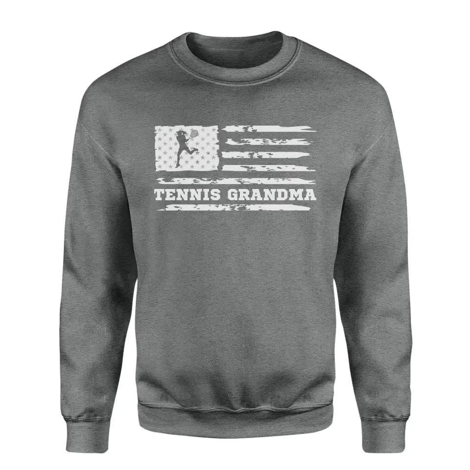 Tennis Grandma Horizontal Flag on a Sweatshirt with a White Graphic