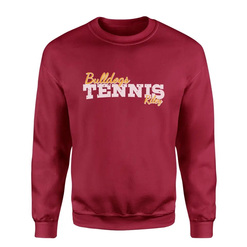 Custom Tennis Mascot and Tennis Player Name on a Sweatshirt with a White Graphic
