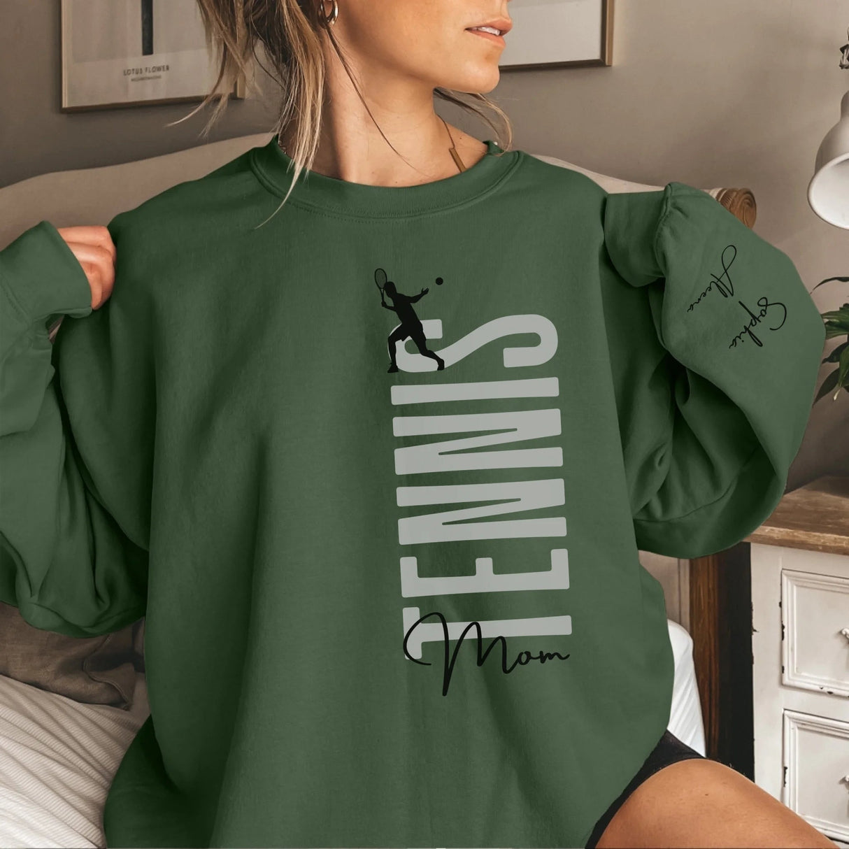 Personalized Tennis Mom on a Sweatshirt With Mascot, Icon, and Tennis Player Name on Sleeve on a Sweatshirt