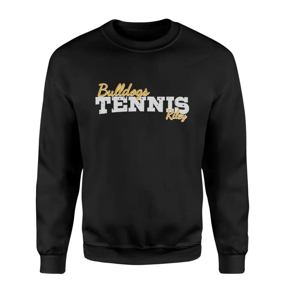 Custom Tennis Mascot and Tennis Player Name on a Sweatshirt with a White Graphic