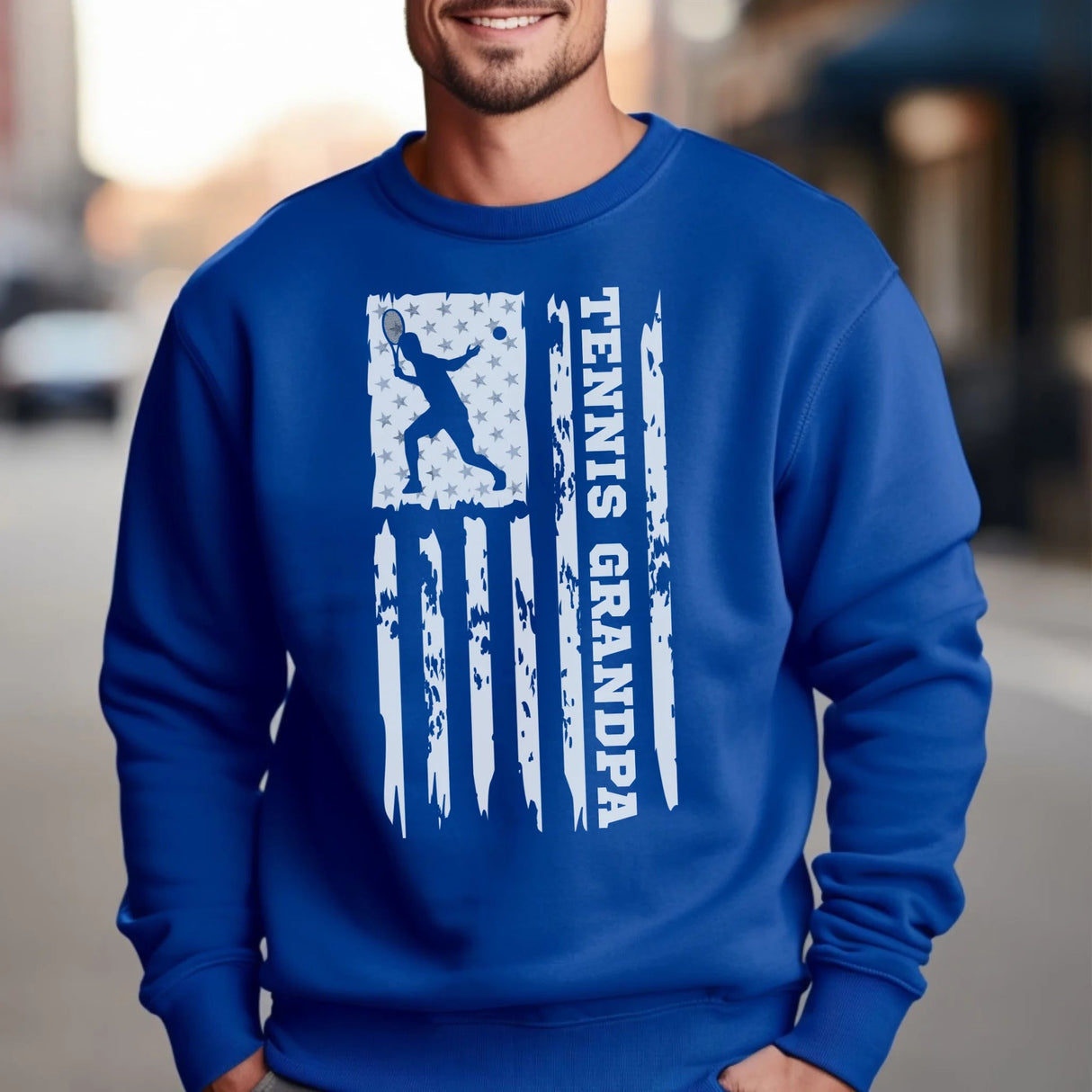 Tennis Grandpa Vertical Flag on a Sweatshirt with a White Graphic