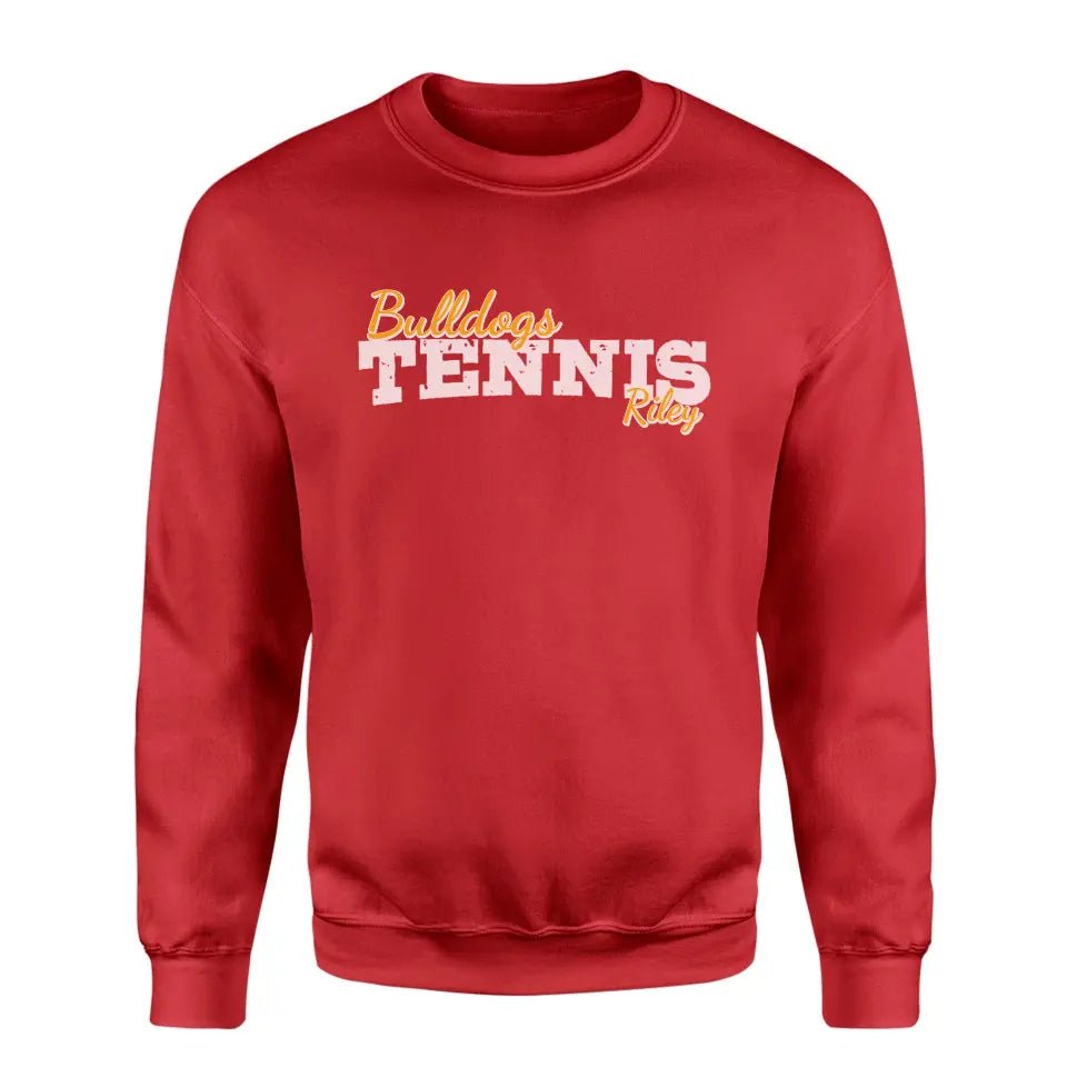 Custom Tennis Mascot and Tennis Player Name on a Sweatshirt with a White Graphic