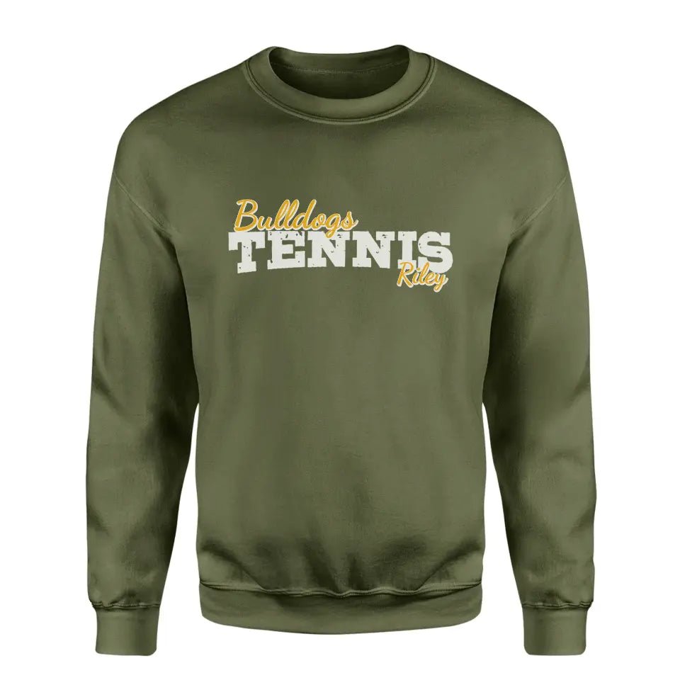 Custom Tennis Mascot and Tennis Player Name on a Sweatshirt with a White Graphic
