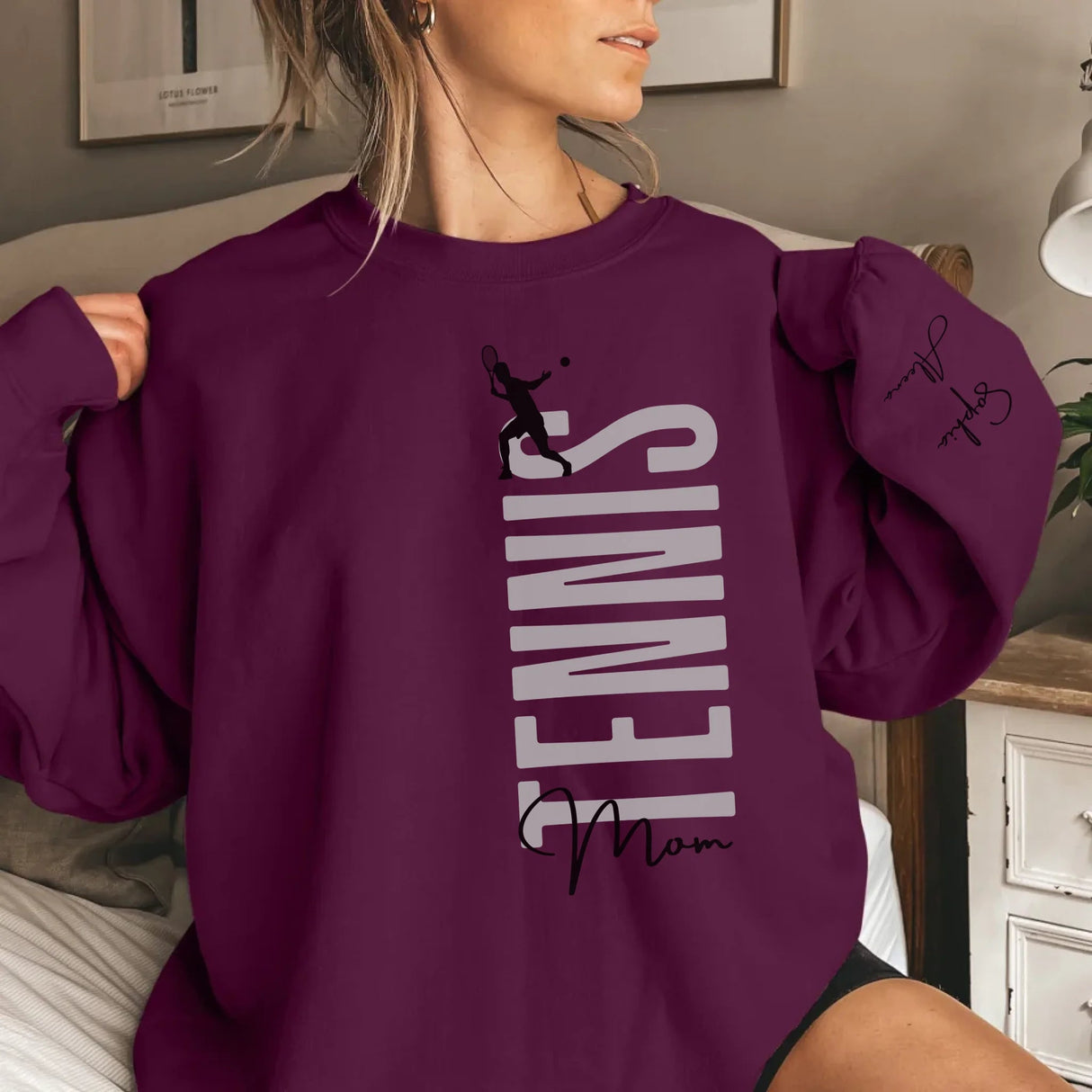 Personalized Tennis Mom on a Sweatshirt With Mascot, Icon, and Tennis Player Name on Sleeve on a Sweatshirt
