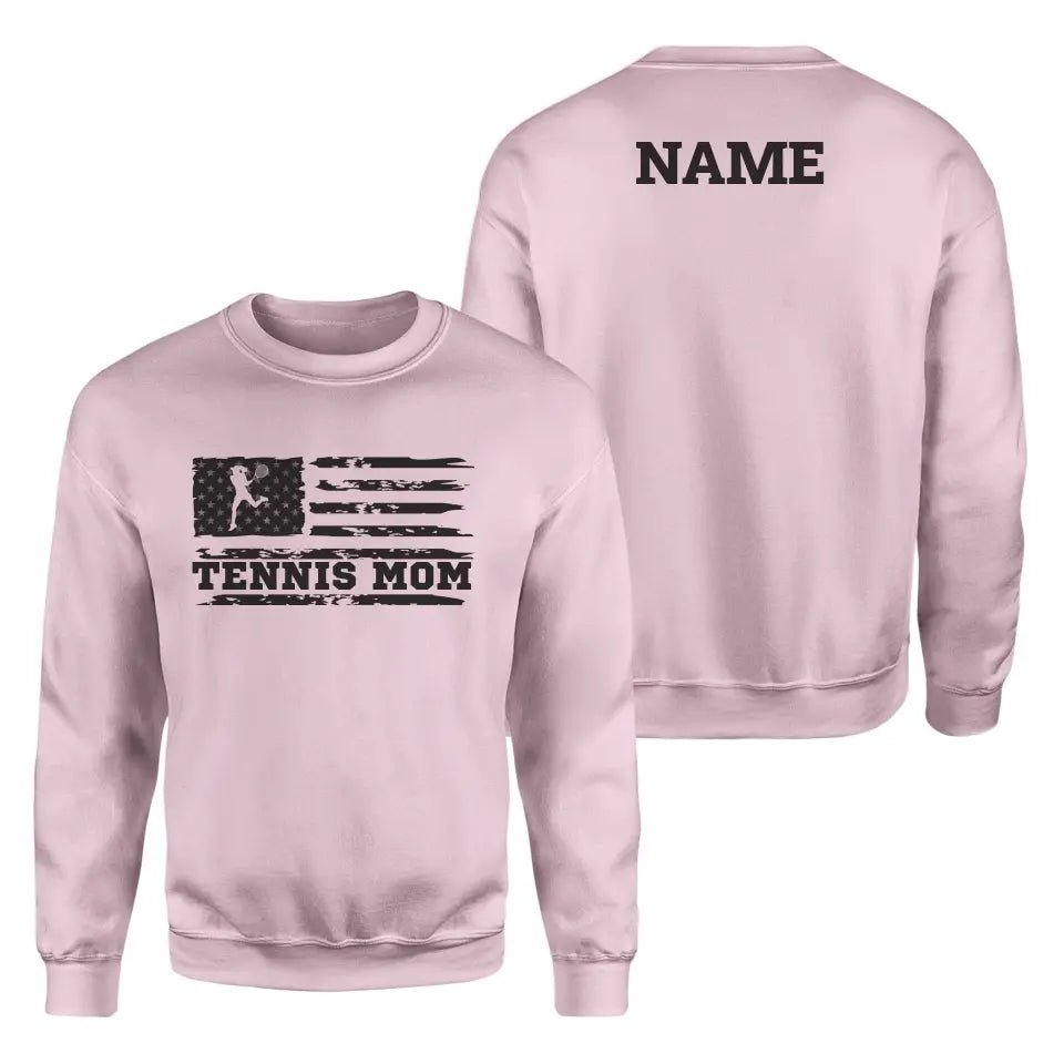 Tennis Mom Horizontal Flag With Tennis Player Name on a Sweatshirt with a Black Graphic
