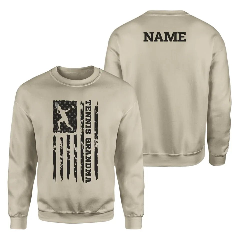 Tennis Grandma Vertical Flag With Tennis Player Name on a Sweatshirt with a Black Graphic