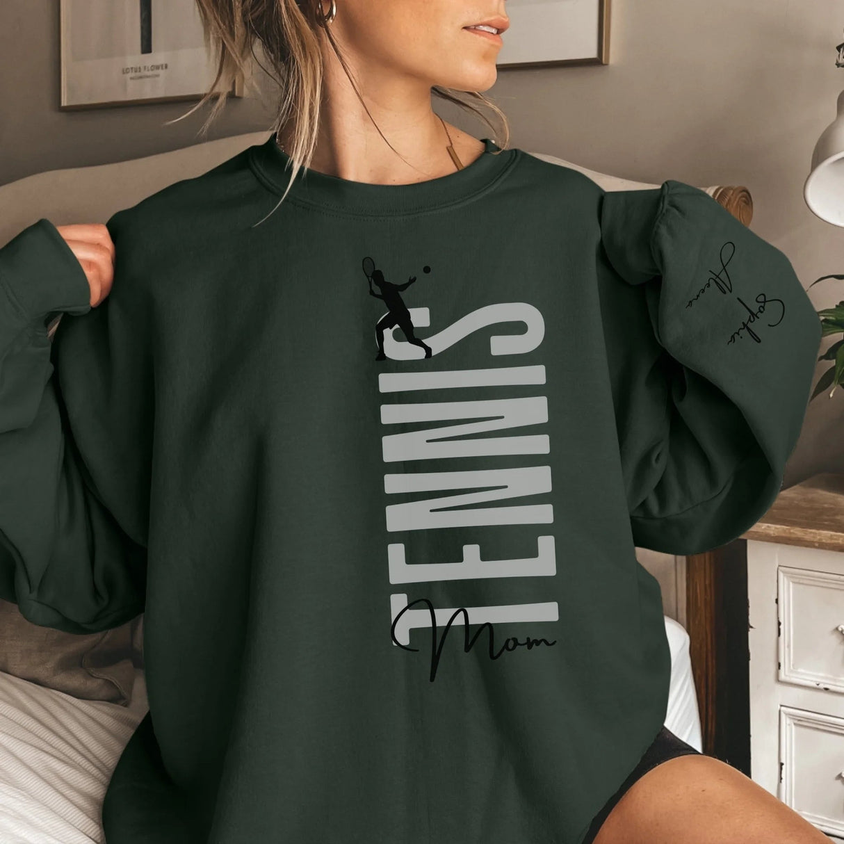 Personalized Tennis Mom on a Sweatshirt With Mascot, Icon, and Tennis Player Name on Sleeve on a Sweatshirt