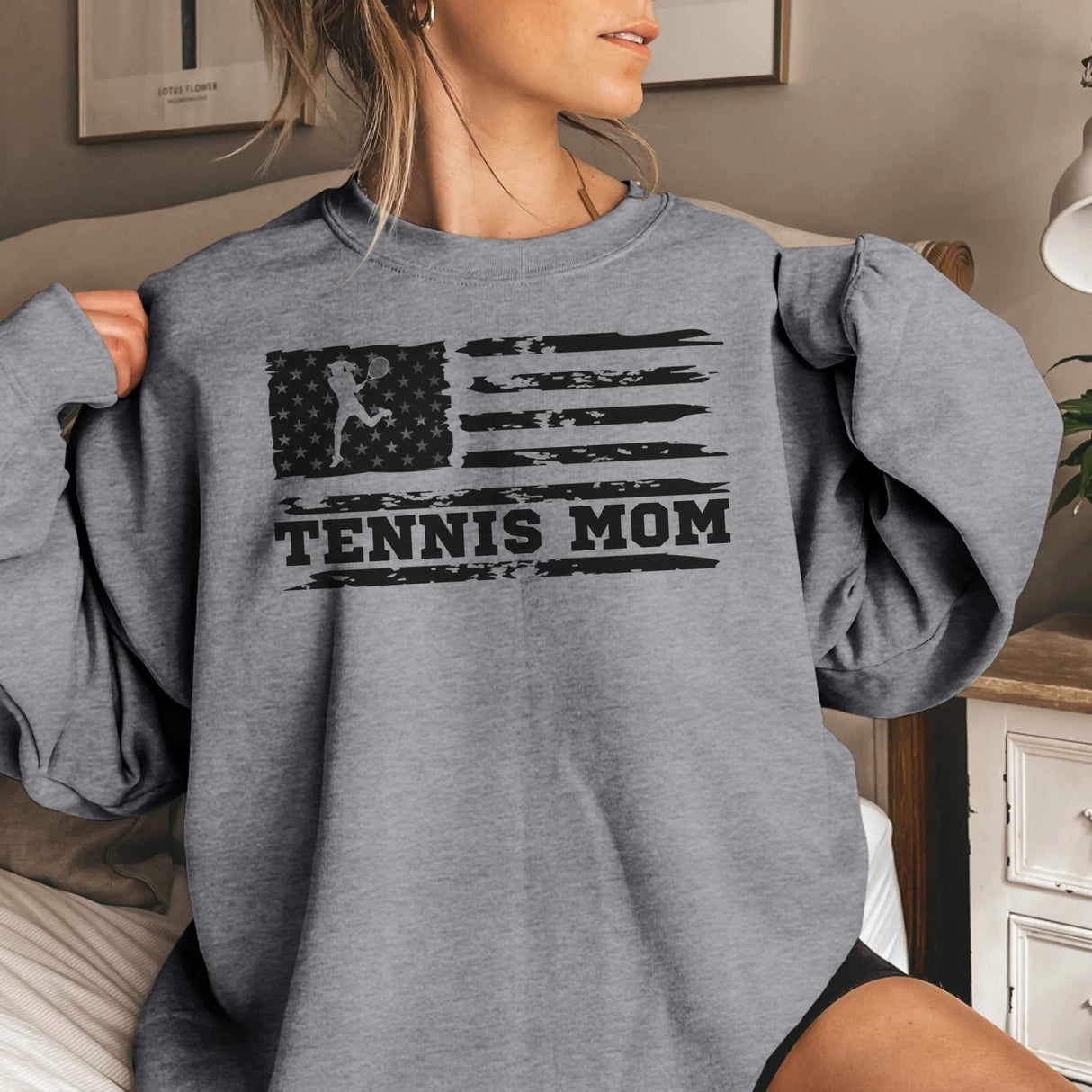 Tennis Mom Horizontal Flag on a Sweatshirt with a Black Graphic