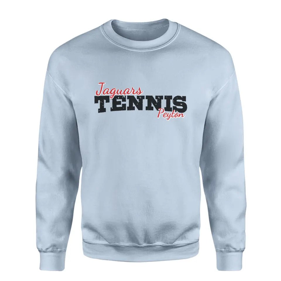 Custom Tennis Mascot and Tennis Player Name on a Sweatshirt with a Black Graphic