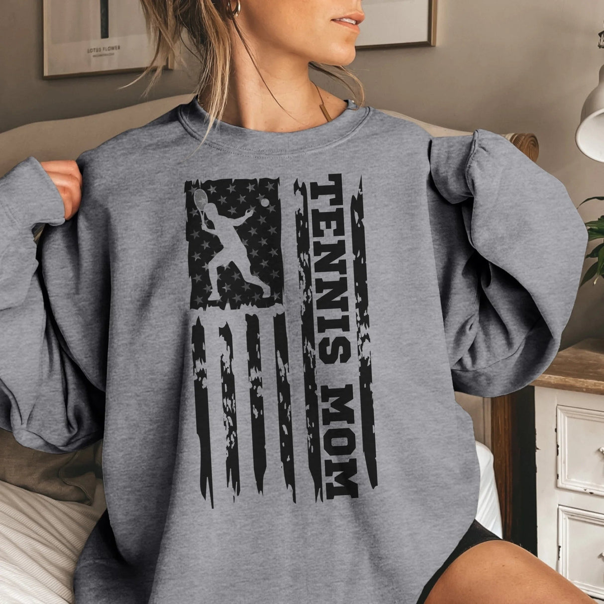 Tennis Mom Vertical Flag on a Sweatshirt with a Black Graphic