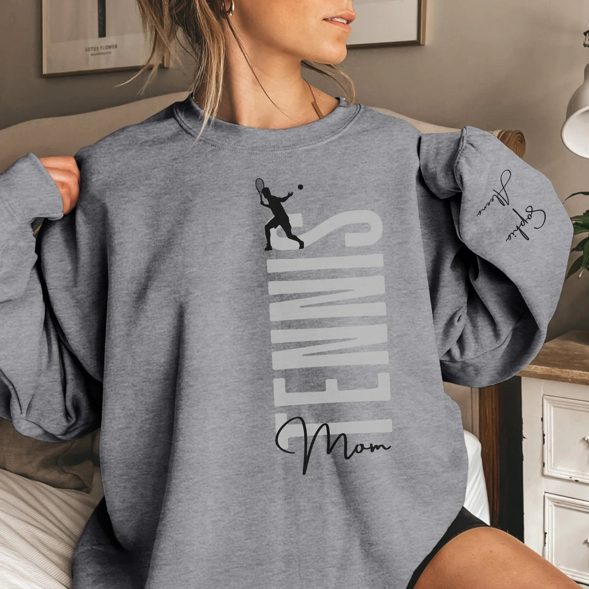 Personalized Tennis Mom on a Sweatshirt With Mascot, Icon, and Tennis Player Name on Sleeve on a Sweatshirt