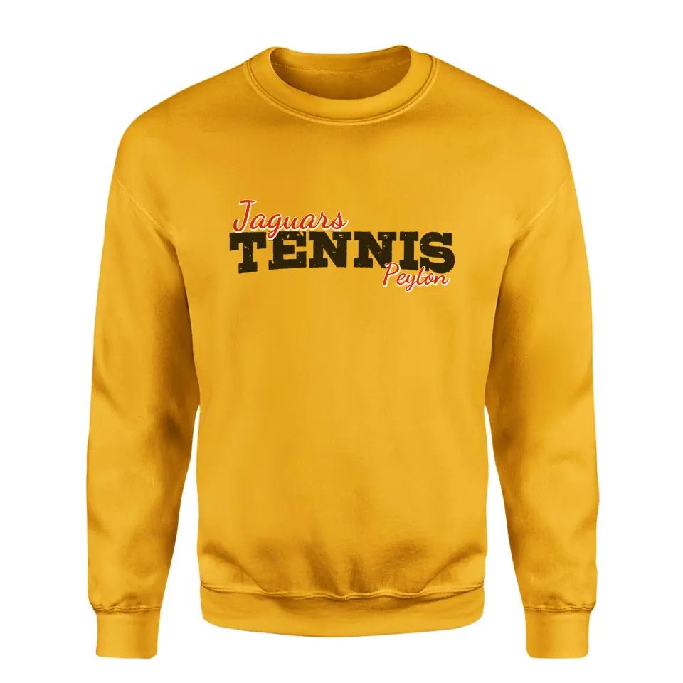 Custom Tennis Mascot and Tennis Player Name on a Sweatshirt with a Black Graphic